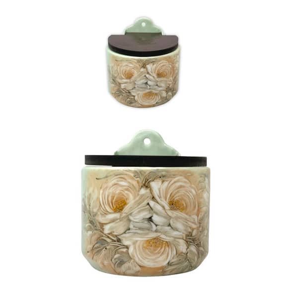 Saleiro de Parede Reto Porcelana Tampa Madeira 700 grs sal
